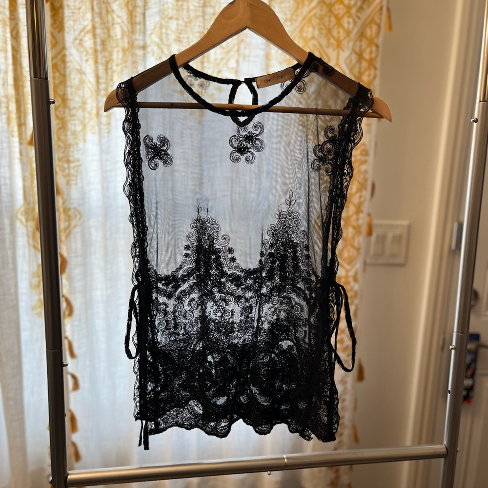 OAK + FORT Black Sheer Lace Top